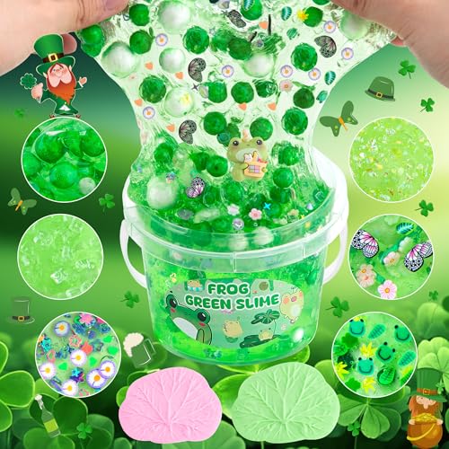 LAWOHO Frog Slime Kit – 300ml Green Clear Slime with Clay, Charms & Add-Ins for Kids