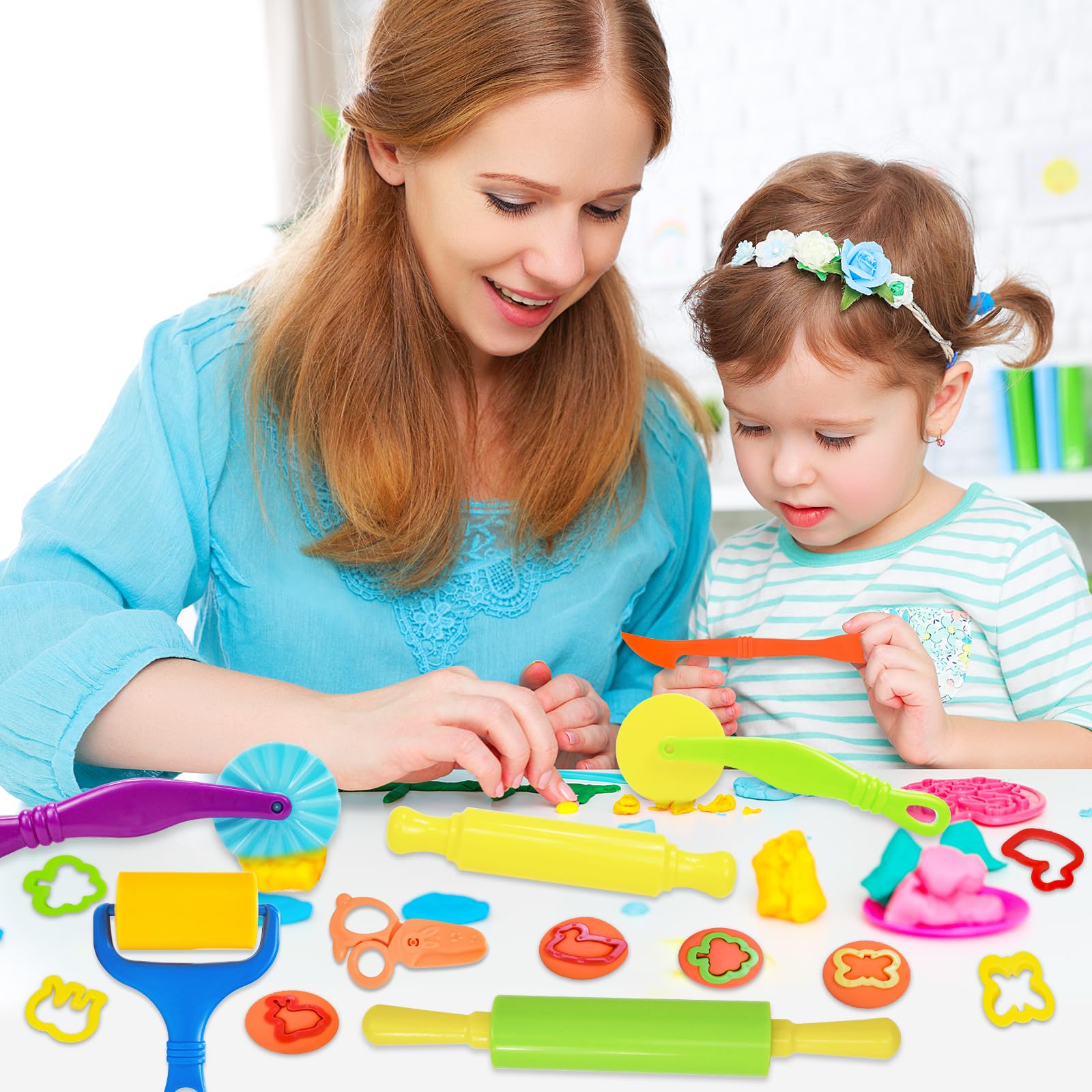LCY WEDSHI 22-Piece Dough Tool Set for Kids Ages 4-8 with Animal Cutters, Rolling Pins & Safety Scissors