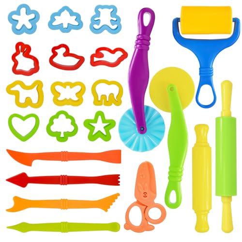 LCY WEDSHI 22-Piece Dough Tool Set for Kids Ages 4-8 with Animal Cutters, Rolling Pins & Safety Scissors