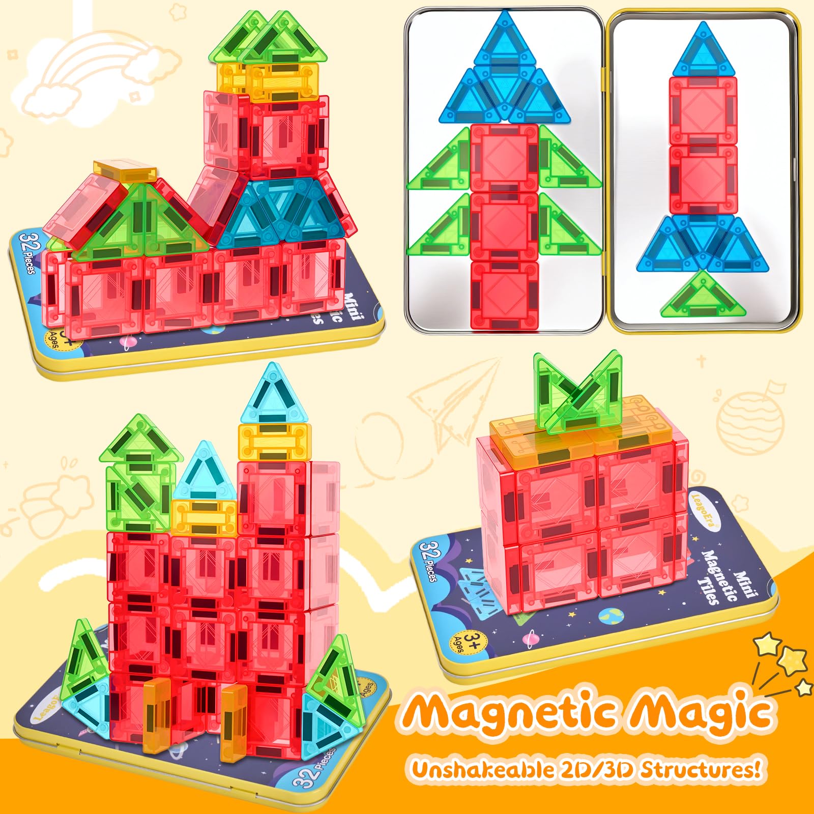 LeagoEra 32-Piece Mini Magnetic Tiles Travel Set: Portable Building Toy for Ages 3-12