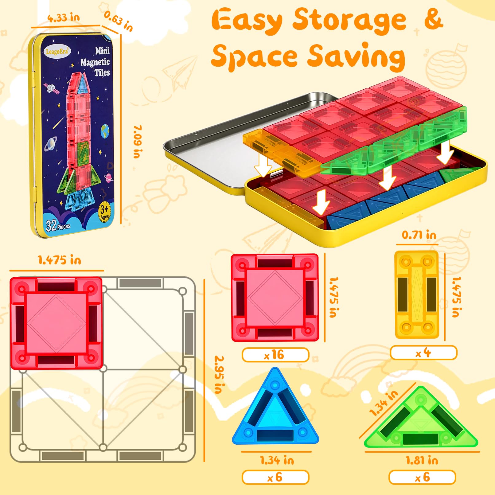 LeagoEra 32-Piece Mini Magnetic Tiles Travel Set: Portable Building Toy for Ages 3-12
