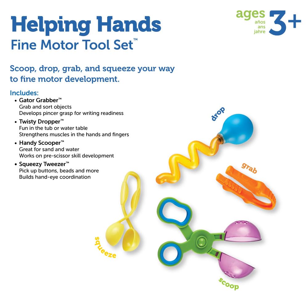 Learning Resources Helping Hands Fine Motor Tool Set – 4-Piece Sensory Toy Set for Toddlers Ages 3+