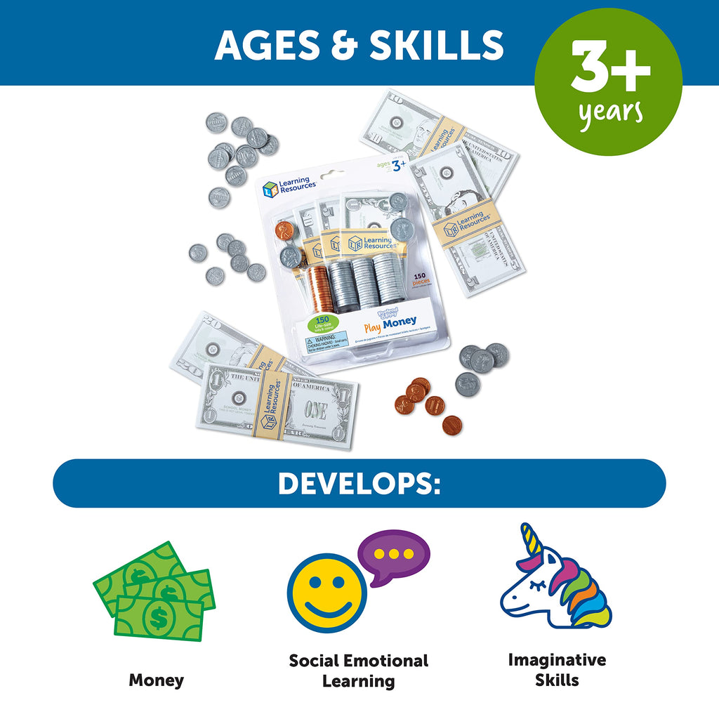 Learning Resources Pretend & Play Money Set – 150 Piece Toy Currency with Bills and Coins for Teaching Money Skills