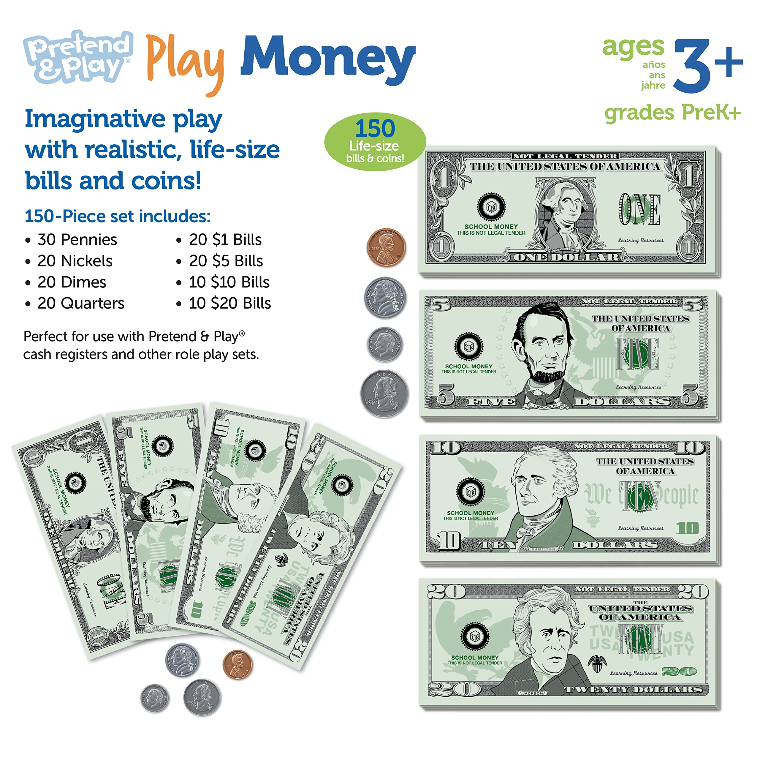 Learning Resources Pretend & Play Money Set – 150 Piece Toy Currency with Bills and Coins for Teaching Money Skills
