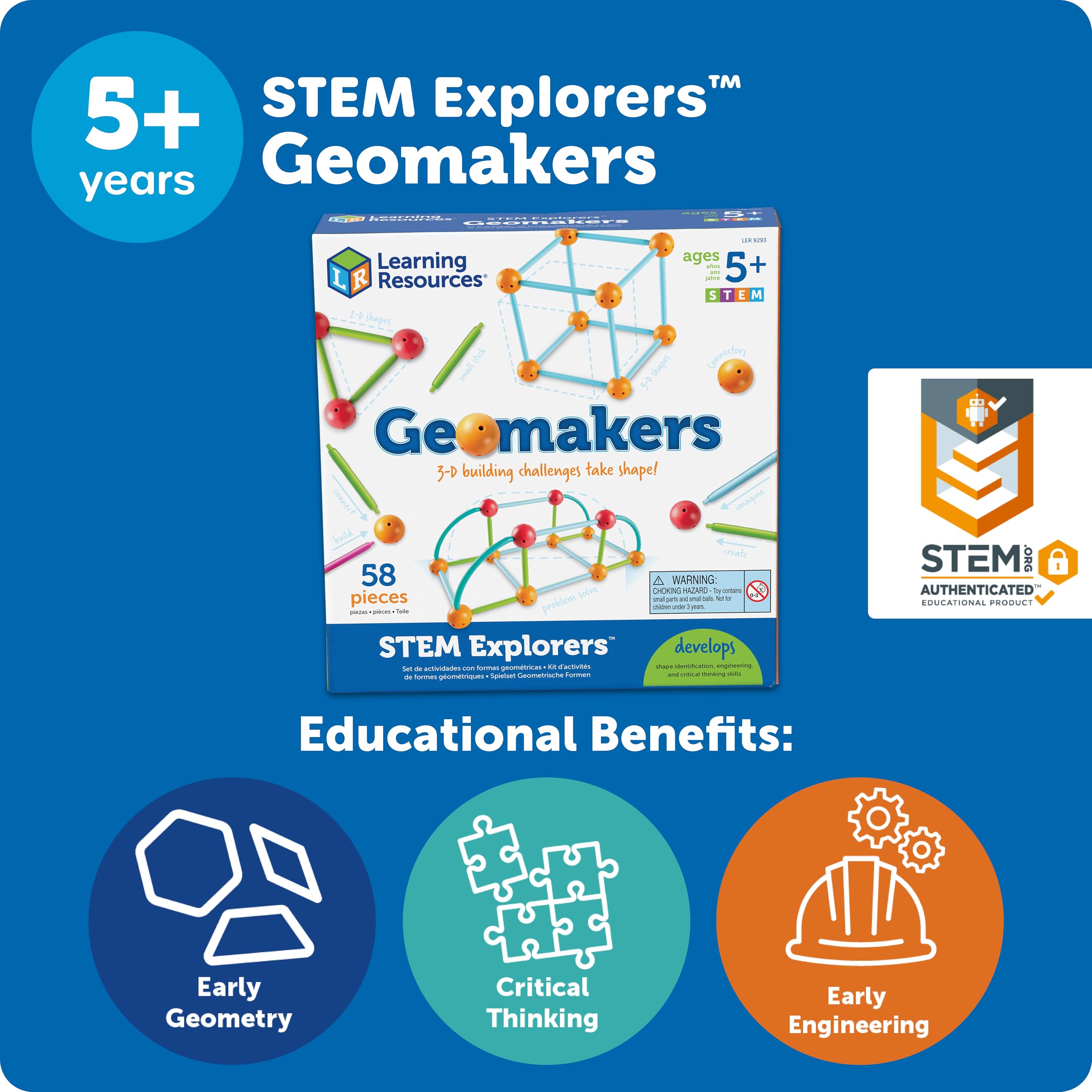 Learning Resources STEM Explorers Geomakers – 58-Piece Shape-Building Set for Kids Ages 5+