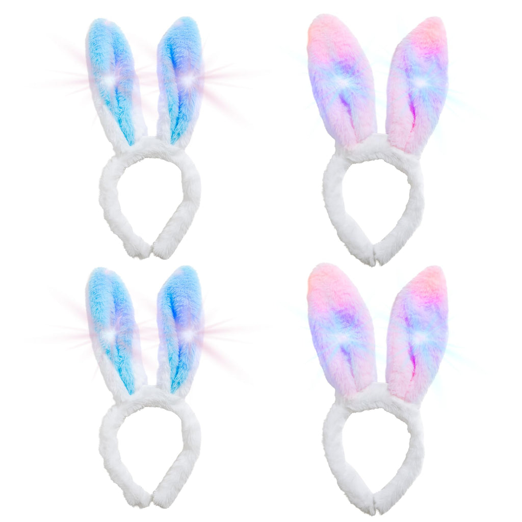 LED Glowing Bunny Ear Headbands for Kids – 4 Pack Light Up Party Headwear with Batteries Included