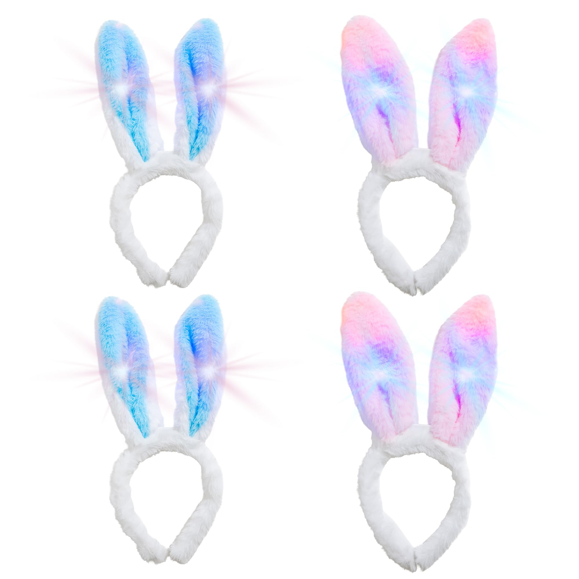 LED Glowing Bunny Ear Headbands for Kids – 4 Pack Light Up Party Headwear with Batteries Included