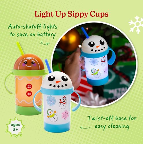 LED Light-Up Sippy Cups Set – Snowman & Gingerbread Man, 8 oz Reusable Party Cups for Kids, BPA-Free with Bendable Straws and Removable Handles