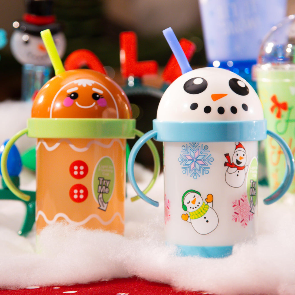 LED Light-Up Sippy Cups Set – Snowman & Gingerbread Man, 8 oz Reusable Party Cups for Kids, BPA-Free with Bendable Straws and Removable Handles