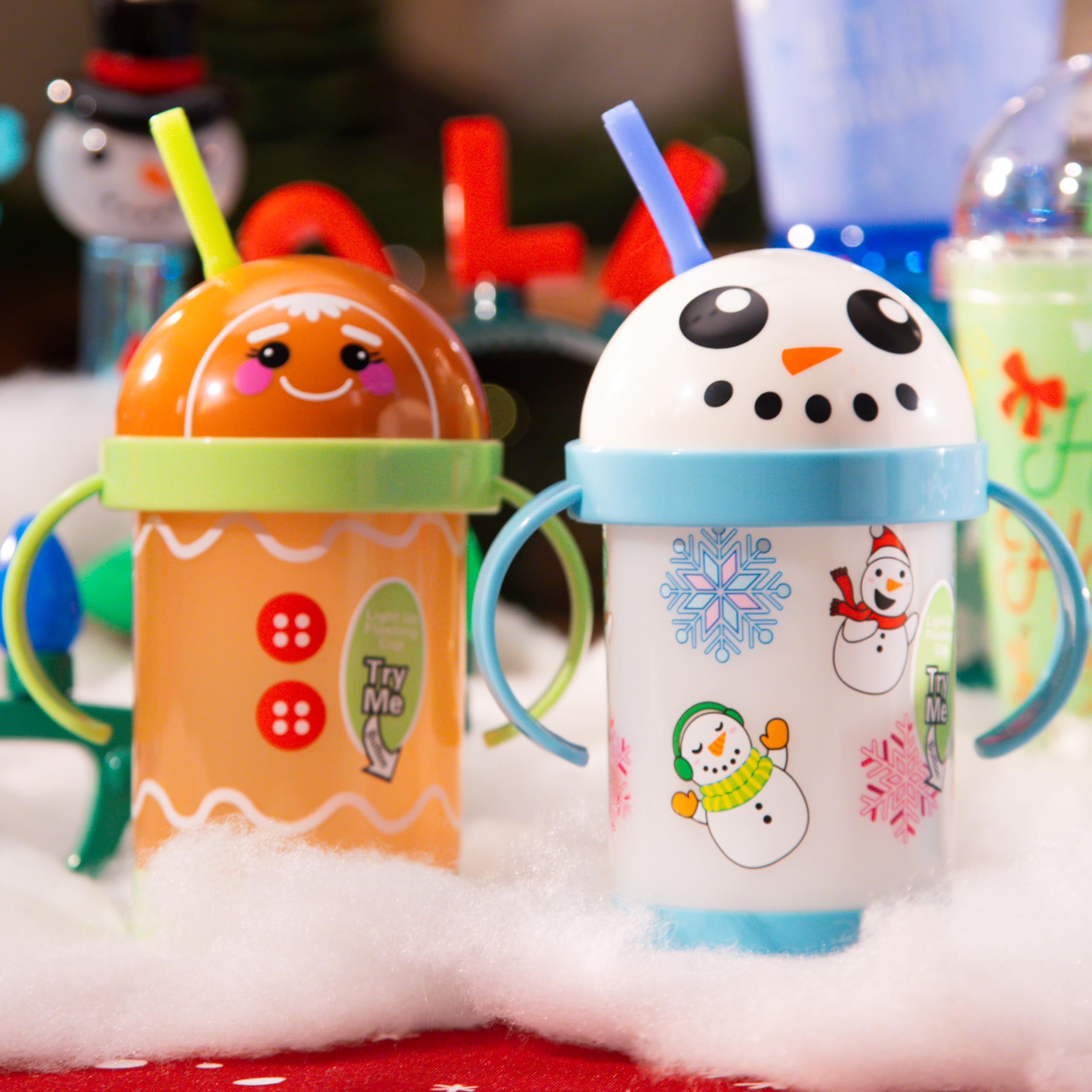 LED Light-Up Sippy Cups Set – Snowman & Gingerbread Man, 8 oz Reusable Party Cups for Kids, BPA-Free with Bendable Straws and Removable Handles