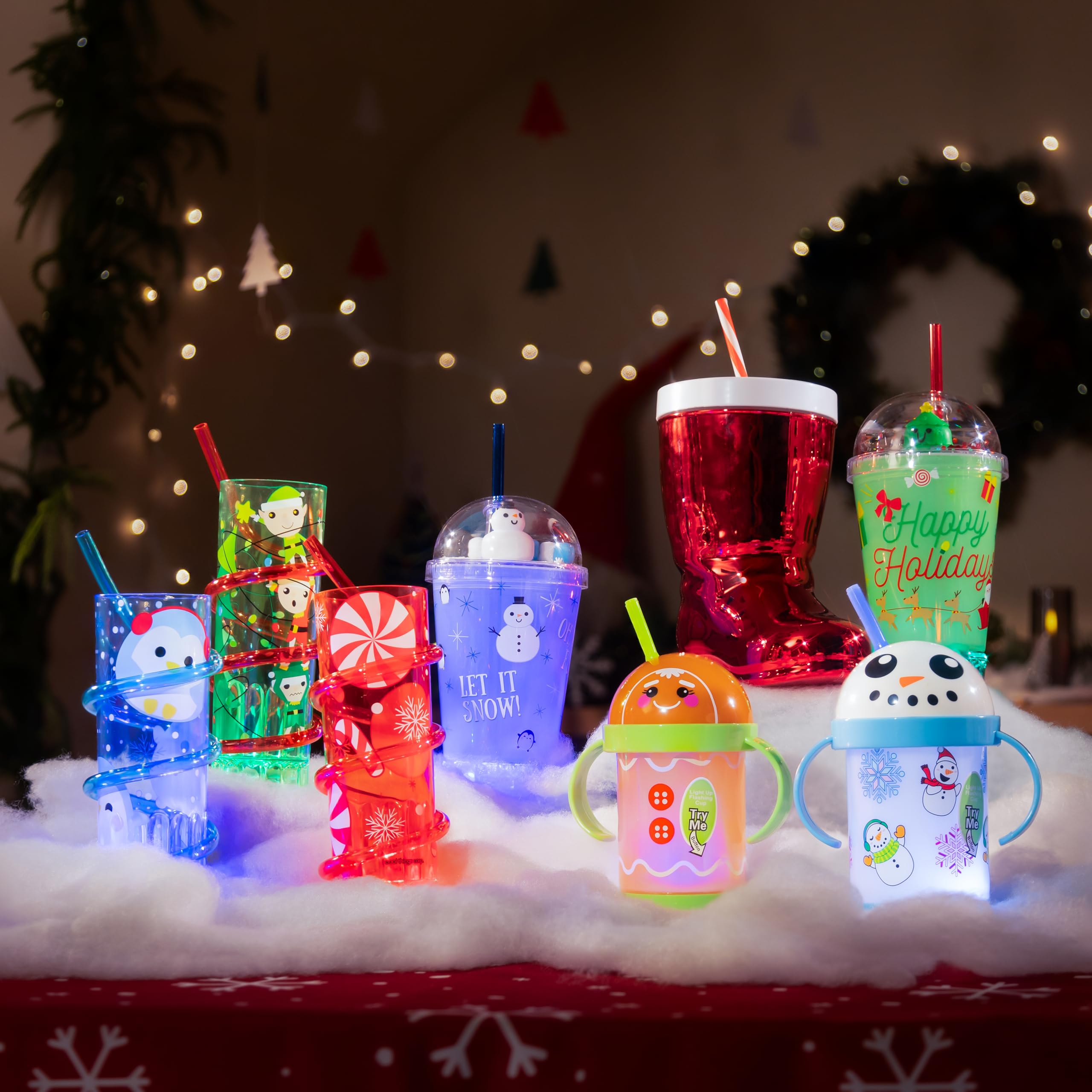 LED Light-Up Sippy Cups Set – Snowman & Gingerbread Man, 8 oz Reusable Party Cups for Kids, BPA-Free with Bendable Straws and Removable Handles
