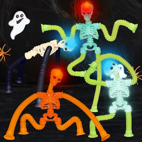 LED Skeleton Pop Tubes - 4 Pack Halloween Fidget Toy with Suction Cups & Light-Up Head | AGRASIV