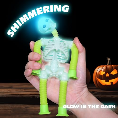 LED Skeleton Pop Tubes - 4 Pack Halloween Fidget Toy with Suction Cups & Light-Up Head | AGRASIV
