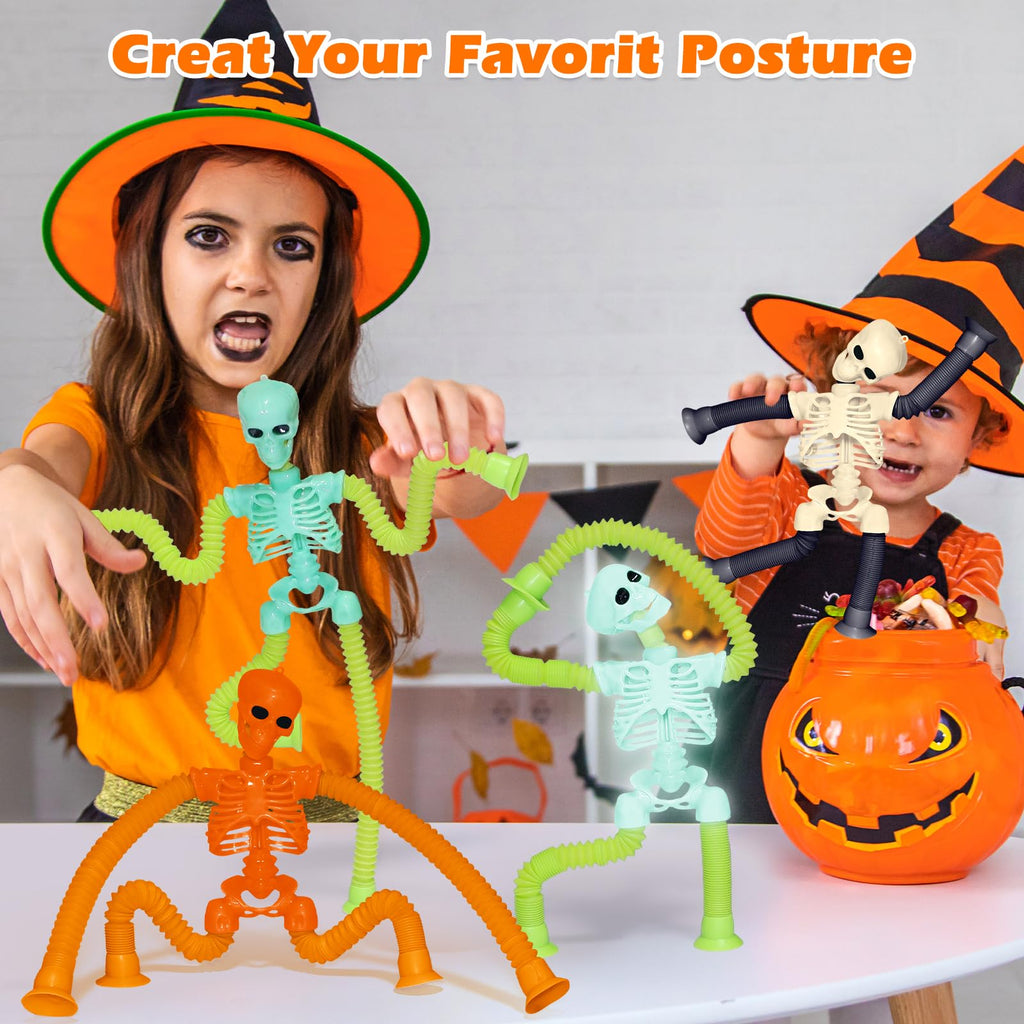 LED Skeleton Pop Tubes - 4 Pack Halloween Fidget Toy with Suction Cups & Light-Up Head | AGRASIV