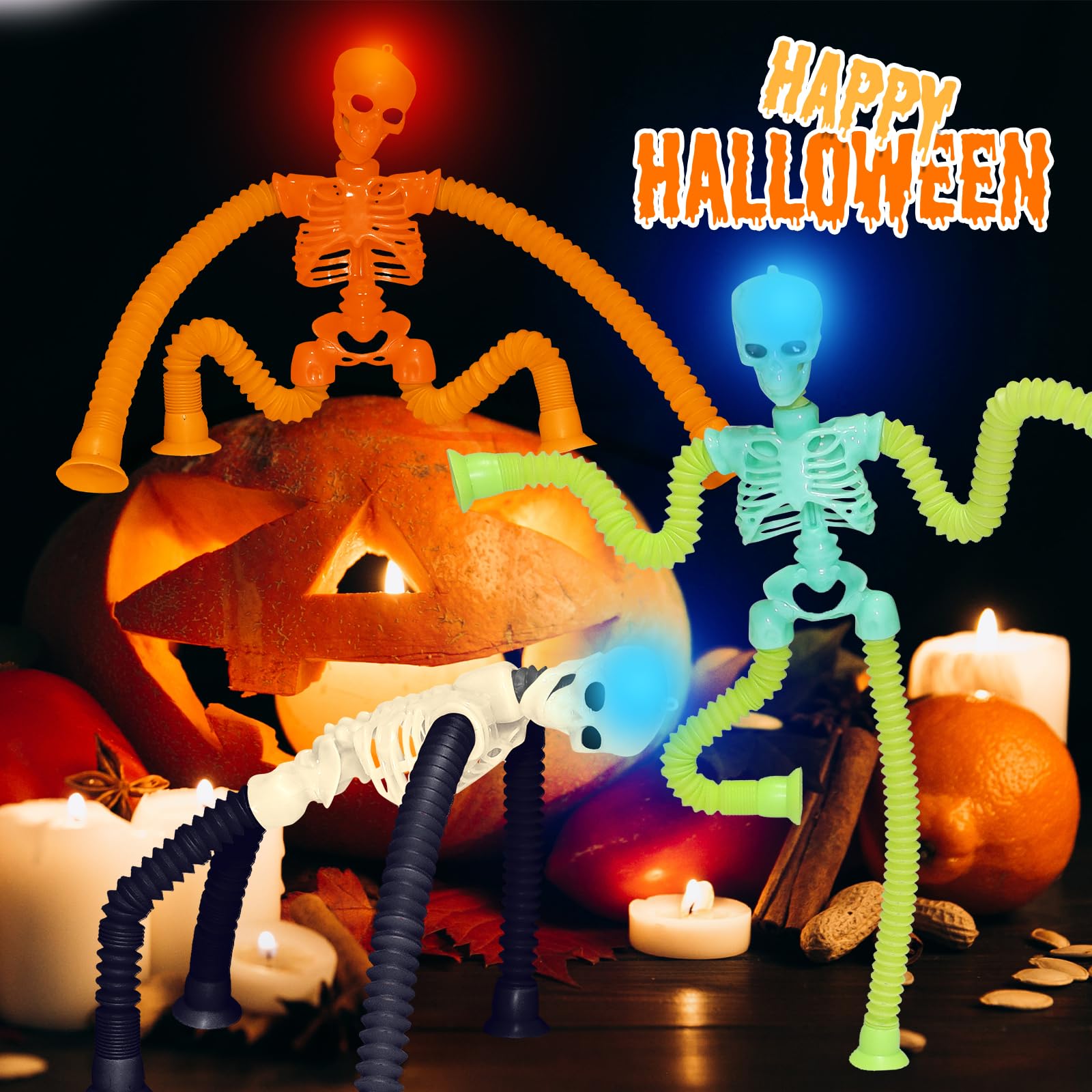 LED Skeleton Pop Tubes - 4 Pack Halloween Fidget Toy with Suction Cups & Light-Up Head | AGRASIV