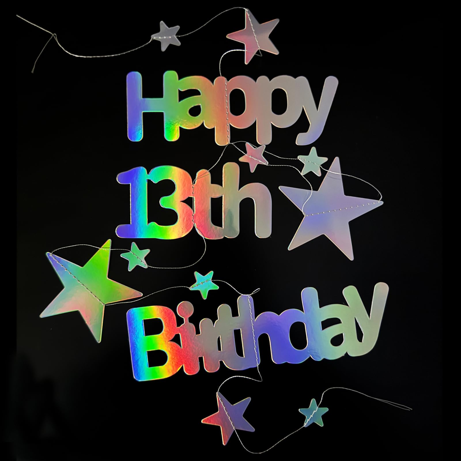 LEEKRETON 13th Birthday Banner – 25 Feet of Iridescent Holographic Star Garland, Pre-Strung
