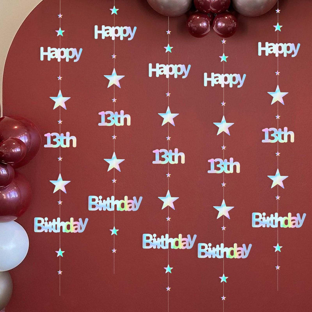 LEEKRETON 13th Birthday Banner – 25 Feet of Iridescent Holographic Star Garland, Pre-Strung