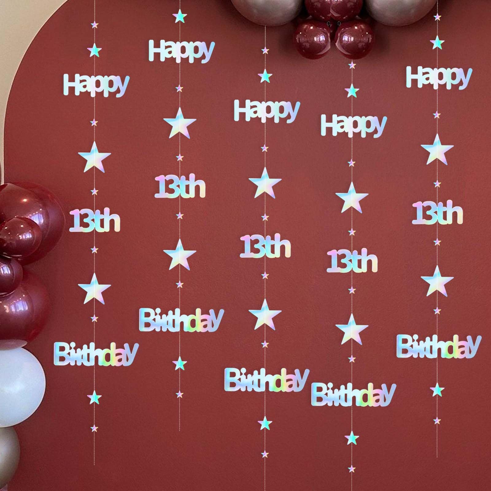 LEEKRETON 13th Birthday Banner – 25 Feet of Iridescent Holographic Star Garland, Pre-Strung