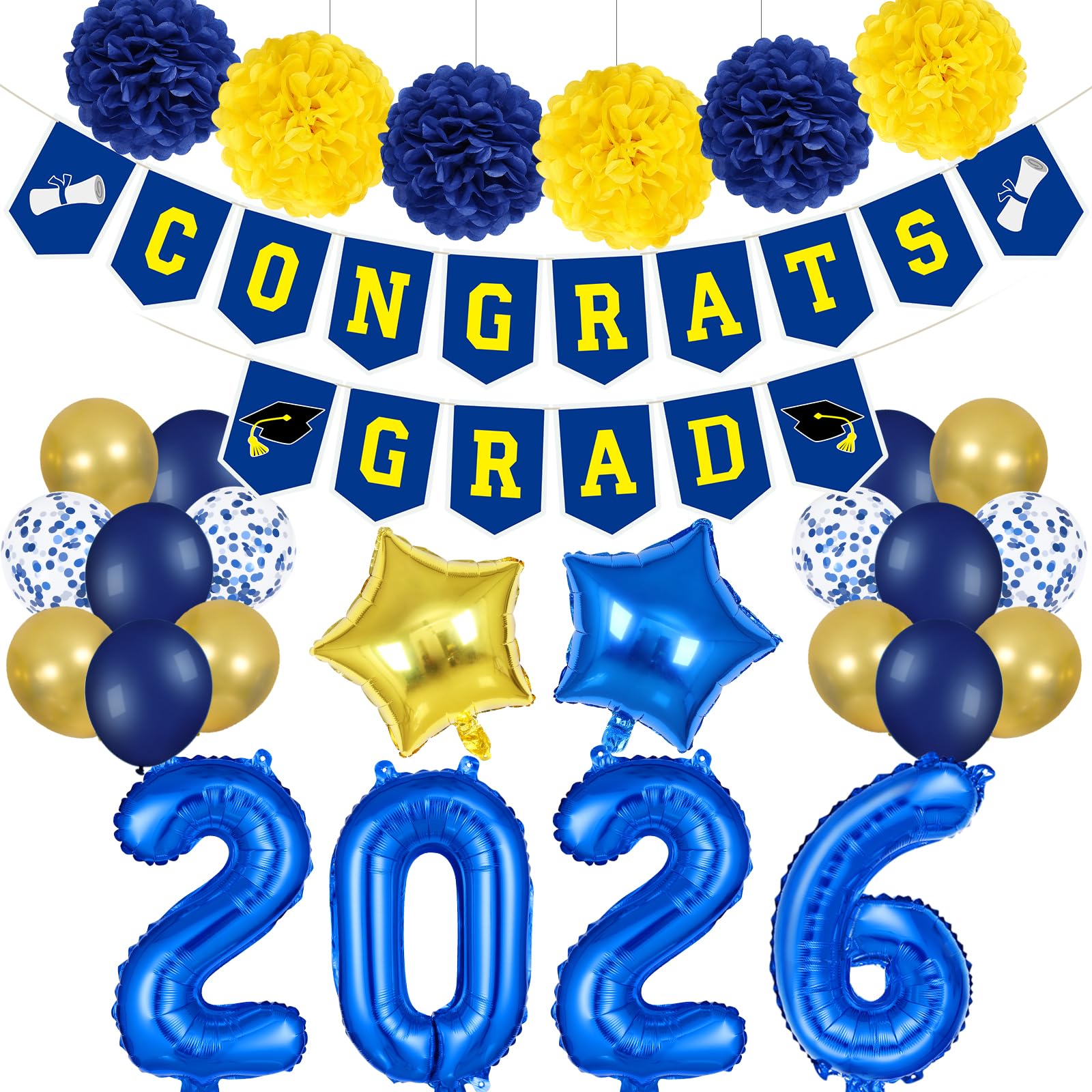 LeeSky 2026 Graduation Banner and Blue Yellow Foil Balloons Set for Class of 2026 Party Decorations
