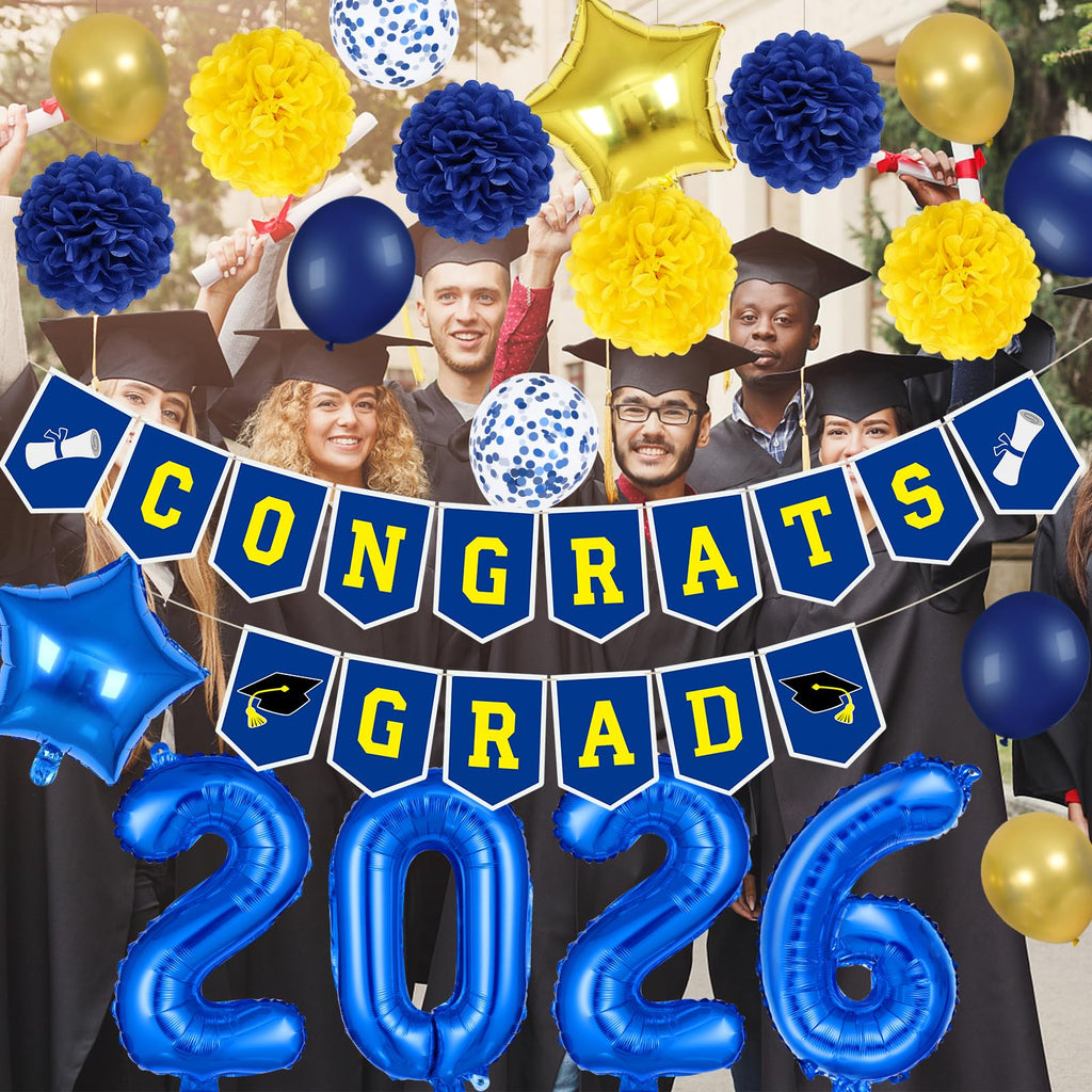 LeeSky 2026 Graduation Banner and Blue Yellow Foil Balloons Set for Class of 2026 Party Decorations