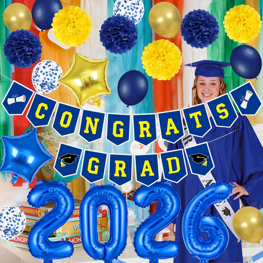 LeeSky 2026 Graduation Banner and Blue Yellow Foil Balloons Set for Class of 2026 Party Decorations