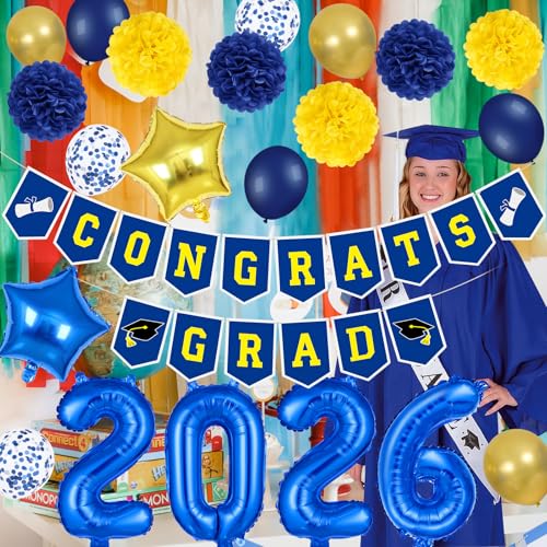 LeeSky 2026 Graduation Banner and Blue Yellow Foil Balloons Set for Class of 2026 Party Decorations