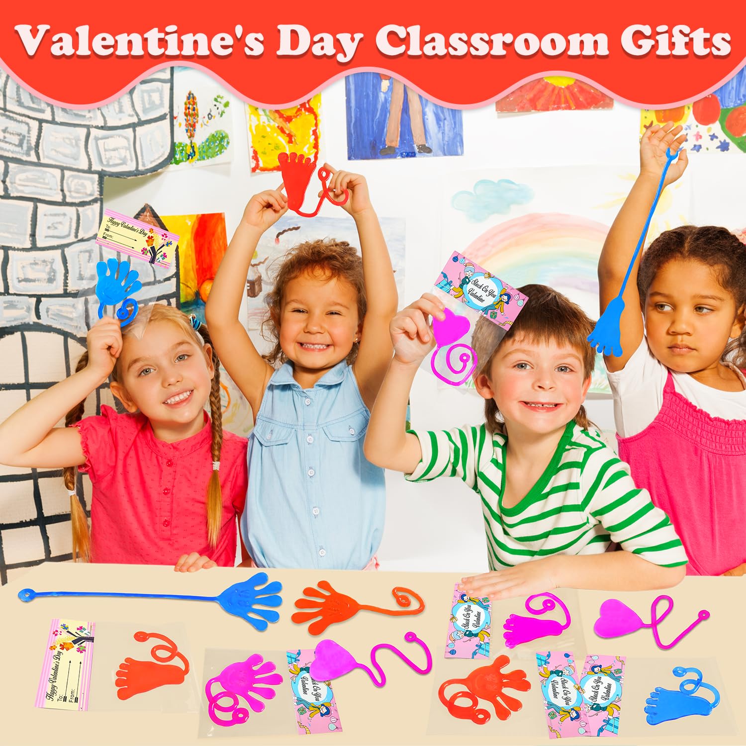 Leetous 28-Pack Easter Sticky Hands, Feet & Hearts Toys with Gift Cards – Non-Candy Classroom Favors for Kids