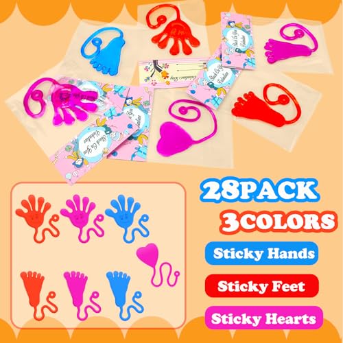 Leetous 28-Pack Easter Sticky Hands, Feet & Hearts Toys with Gift Cards – Non-Candy Classroom Favors for Kids
