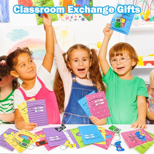 Leetous 28-Pack Valentines Day Video Game Keychains & Exchange Cards for Kids Classroom – Non-Candy Party Favors