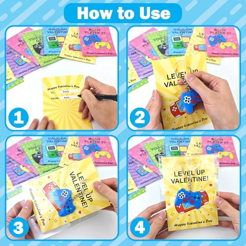 Leetous 28-Pack Valentines Day Video Game Keychains & Exchange Cards for Kids Classroom – Non-Candy Party Favors