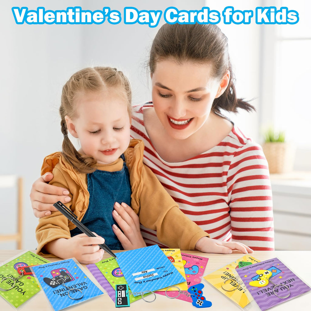 Leetous 28-Pack Valentines Day Video Game Keychains & Exchange Cards for Kids Classroom – Non-Candy Party Favors