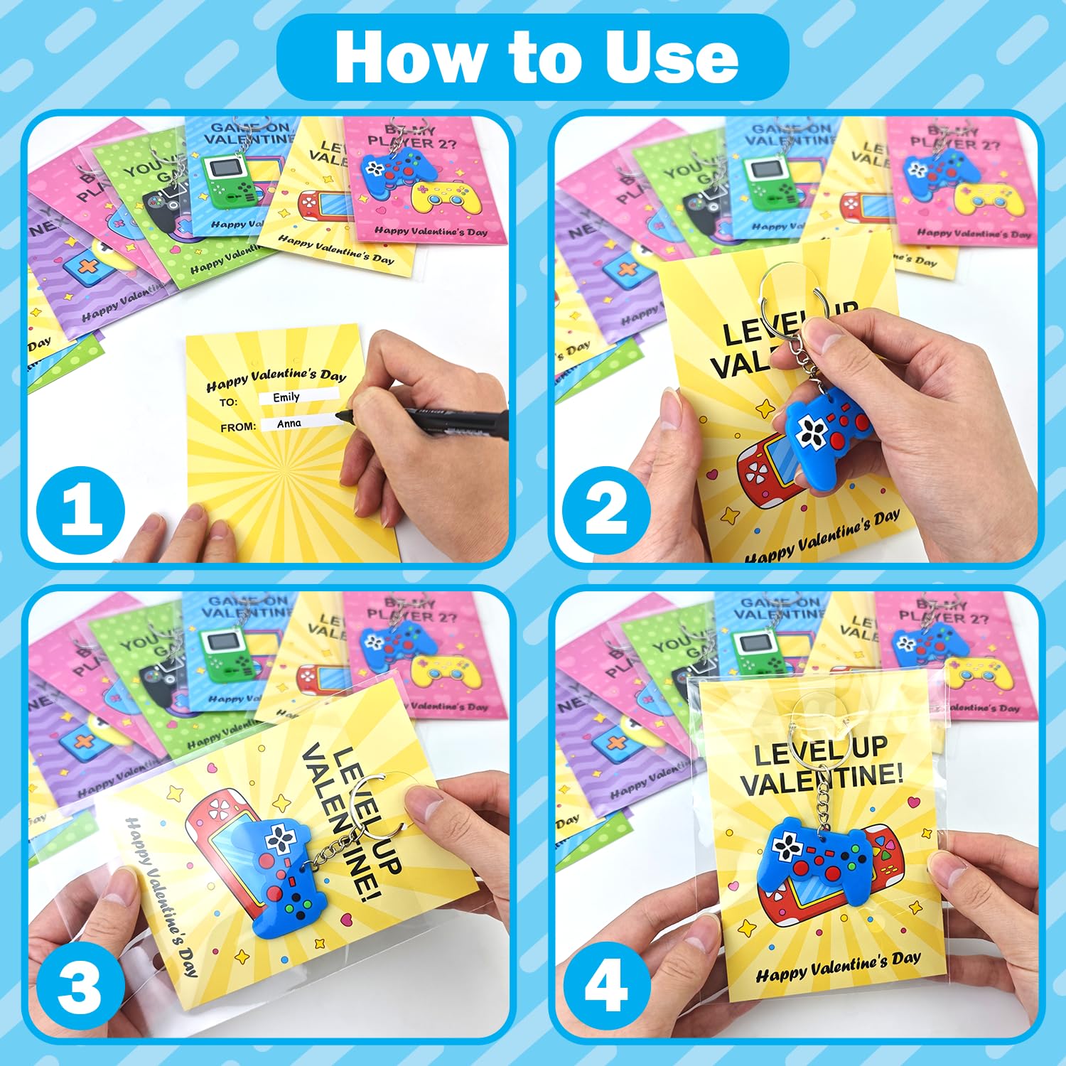 Leetous 28-Pack Valentines Day Video Game Keychains & Exchange Cards for Kids Classroom – Non-Candy Party Favors