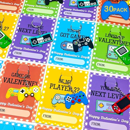 Leetous 30 Pack Valentine's Day Video Game Keychains with Cards for Classroom Exchange