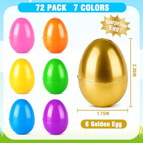 Leetous 72-Pack Plastic Easter Eggs, 2.36" Hinged Eggs for Egg Hunt, 66 Colorful + 6 Golden Eggs for Easter Basket Stuffers