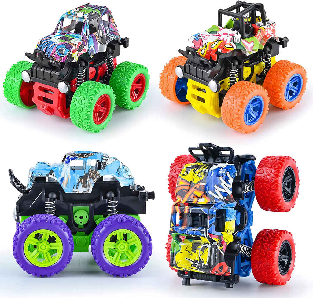 LEFEI 4 Pack Push and Go Monster Trucks: 360° Rotating Stunt Cars for Kids 3-7