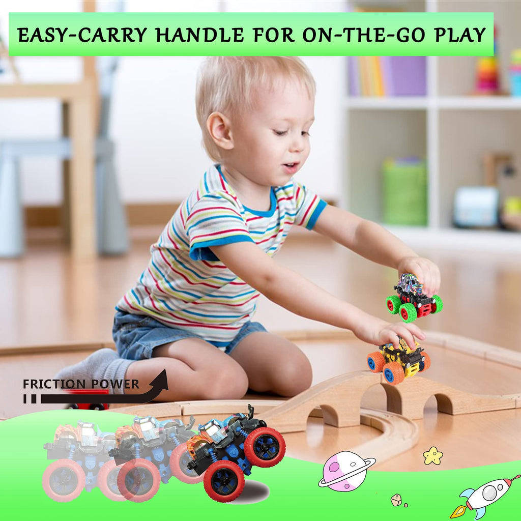 LEFEI 4 Pack Push and Go Monster Trucks: 360° Rotating Stunt Cars for Kids 3-7