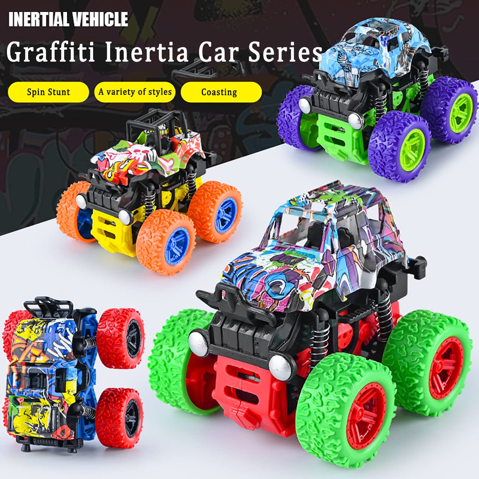 LEFEI 4 Pack Push and Go Monster Trucks: 360° Rotating Stunt Cars for Kids 3-7