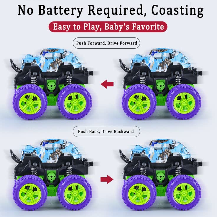 LEFEI 4 Pack Push and Go Monster Trucks: 360° Rotating Stunt Cars for Kids 3-7