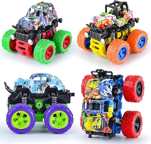 LEFEI 4 Pack Push and Go Monster Trucks: 360° Rotating Stunt Cars for Kids 3-7