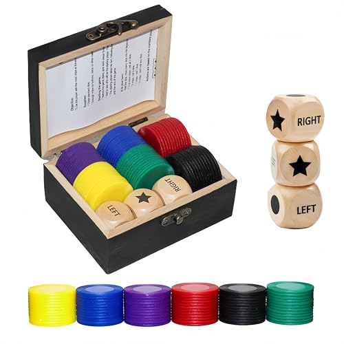 Left Right Roll Dice Game Set – 3 Wood Dice, 72 Chips, Wooden Storage Box | Travel Party Game for Adults and Families