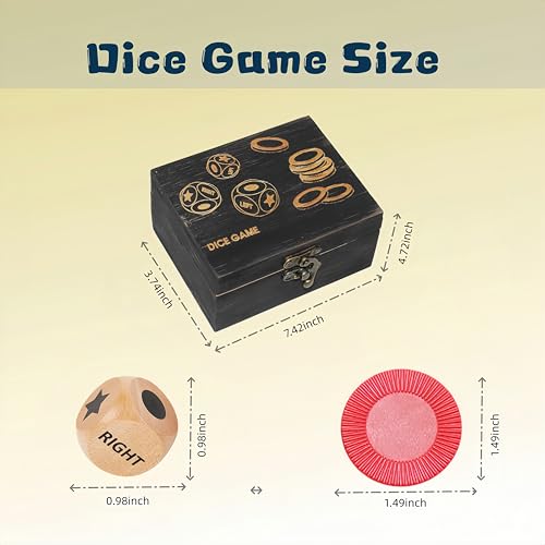 Left Right Roll Dice Game Set – 3 Wood Dice, 72 Chips, Wooden Storage Box | Travel Party Game for Adults and Families