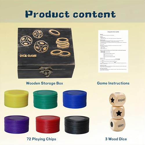 Left Right Roll Dice Game Set – 3 Wood Dice, 72 Chips, Wooden Storage Box | Travel Party Game for Adults and Families