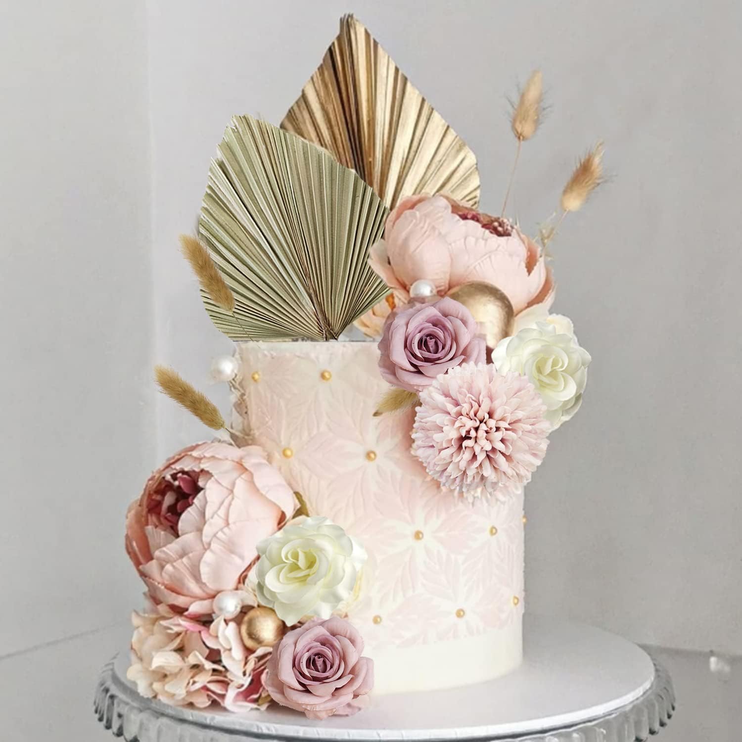 LEFUBABY 32-Piece Boho Flower Cake Topper Set – Silk Flowers, Palm Leaves, Rabbit Grasses, Pearls & Gold Balls