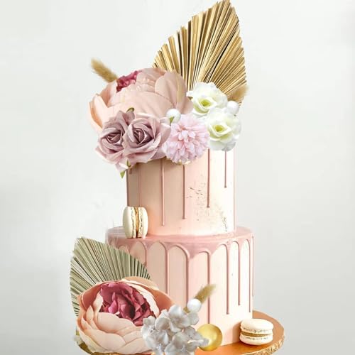 LEFUBABY 32-Piece Boho Flower Cake Topper Set – Silk Flowers, Palm Leaves, Rabbit Grasses, Pearls & Gold Balls
