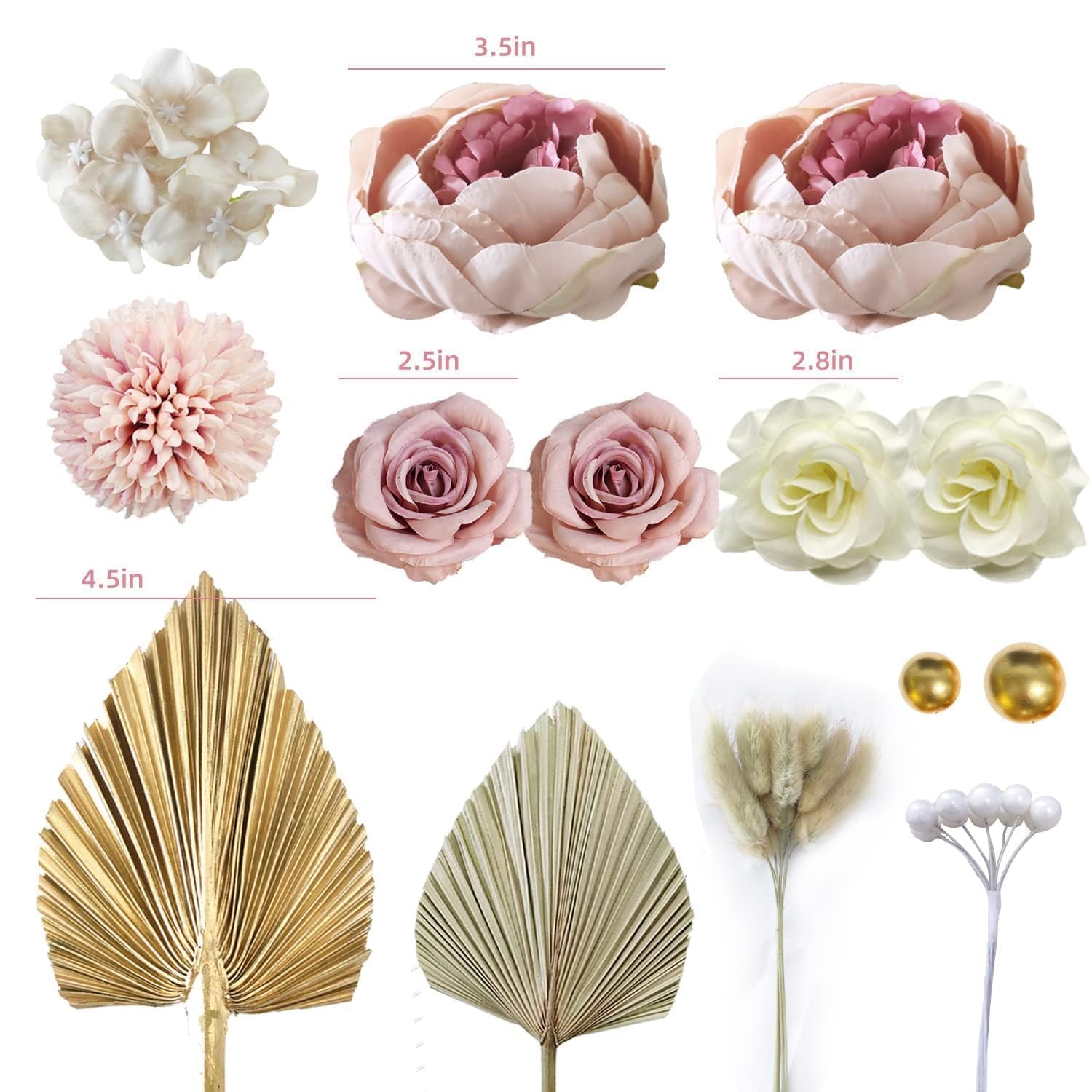 LEFUBABY 32-Piece Boho Flower Cake Topper Set – Silk Flowers, Palm Leaves, Rabbit Grasses, Pearls & Gold Balls