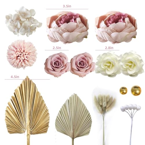LEFUBABY 32-Piece Boho Flower Cake Topper Set – Silk Flowers, Palm Leaves, Rabbit Grasses, Pearls & Gold Balls