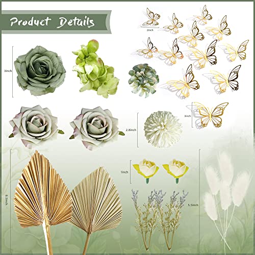 LEFUBABY Boho Cake Topper Set – 29 Silk Flowers, Dried Palm Leaves & Butterfly Decorations for Wedding Baby Shower