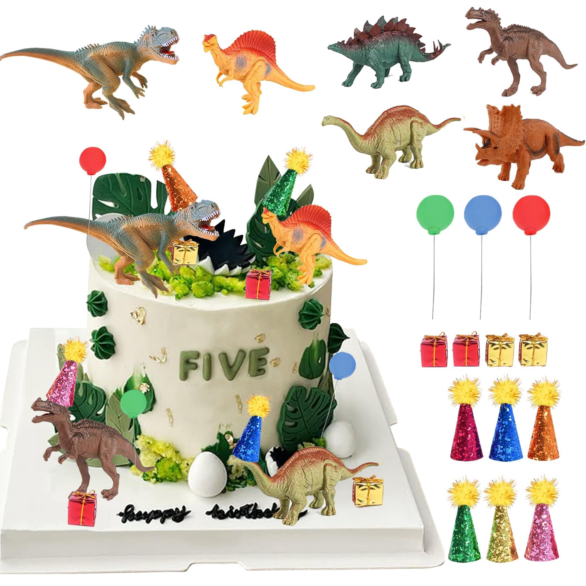LEFUBABY Dinosaur Cake Toppers Set - 19 Pcs with Mini Hats, Balls & Present Boxes for Dinosaur Theme Parties