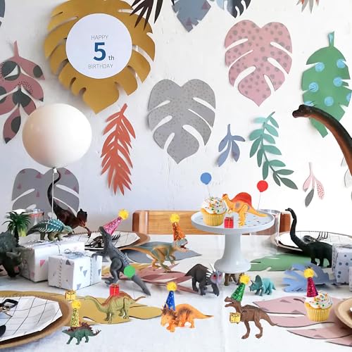 LEFUBABY Dinosaur Cake Toppers Set - 19 Pcs with Mini Hats, Balls & Present Boxes for Dinosaur Theme Parties