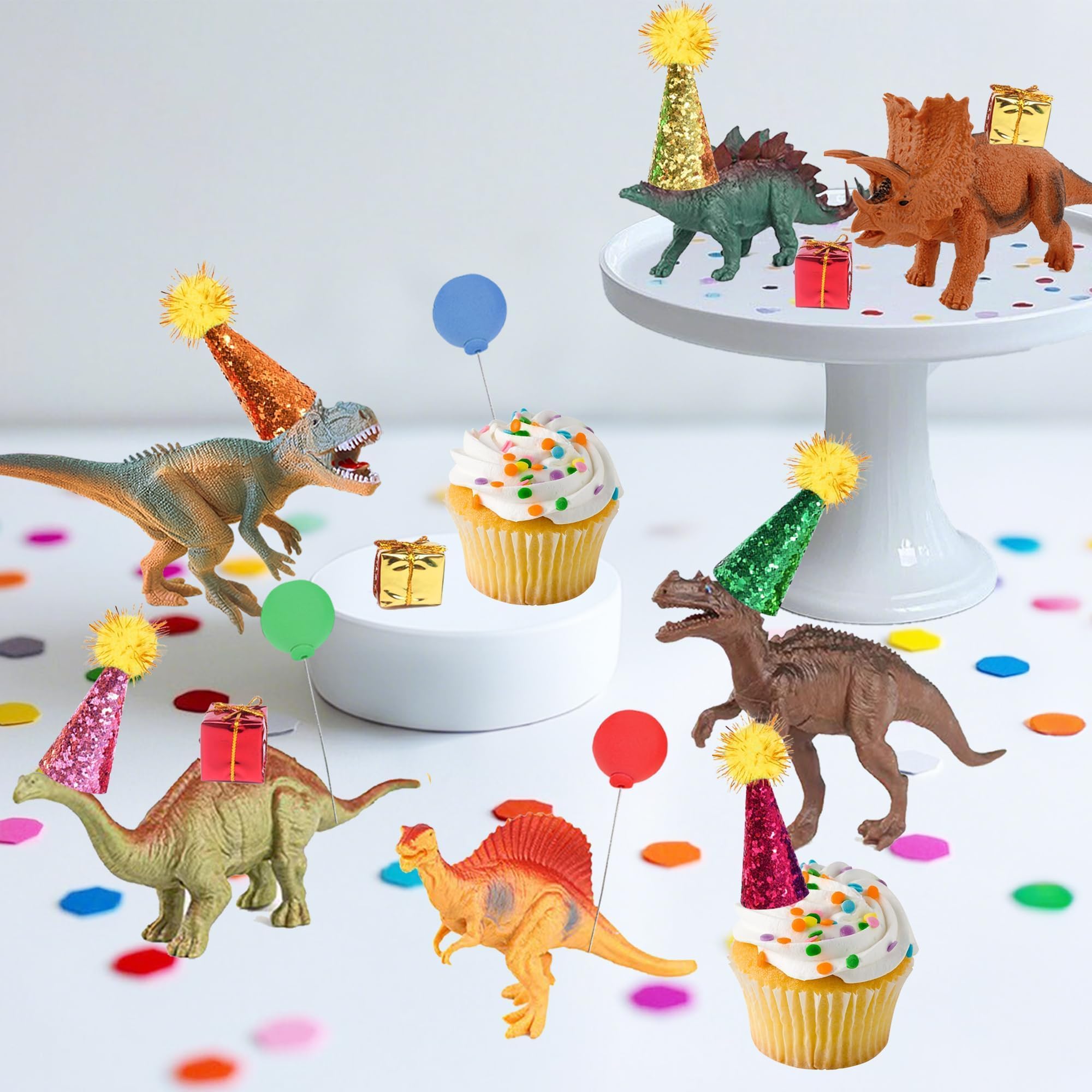 LEFUBABY Dinosaur Cake Toppers Set - 19 Pcs with Mini Hats, Balls & Present Boxes for Dinosaur Theme Parties